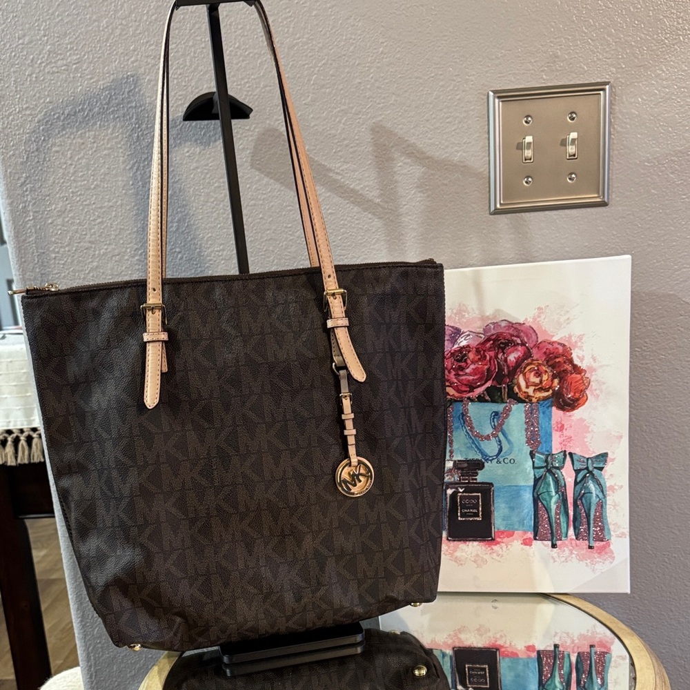 Michael Kors Dark Brown Tote with Tan Straps EUC